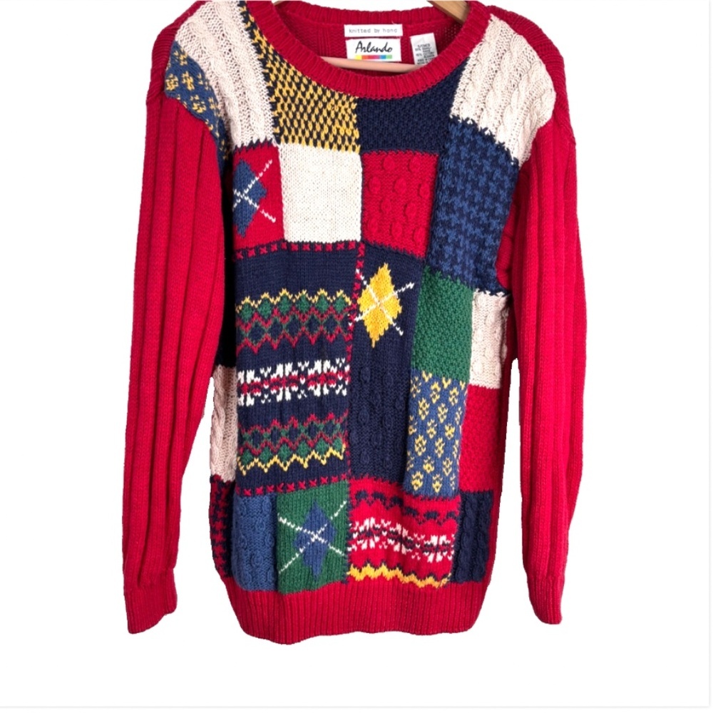 VTG 90s Arlando Patchwork Sweater S Hand Knit Cable Knit Grandpa Ugly Christmas